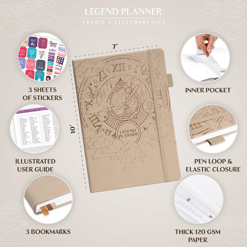Legend Planner PRO â€“ Deluxe Weekly & Monthly Life Planner to Increase Productivity and Hit Your Goals. Time Management Organizer Notebook â€“ Undated â€“ 7 x 10" Hardcover + Stickers â€“ Seashell - Image 2